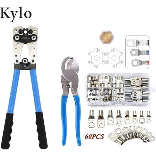 HX-50B Cable Lug Crimping Tool Kit For Heavy Duty Wire Lugs,Battery Terminals,Copper Lugs AWG 8-1/0 with 60pcs Connectors Set