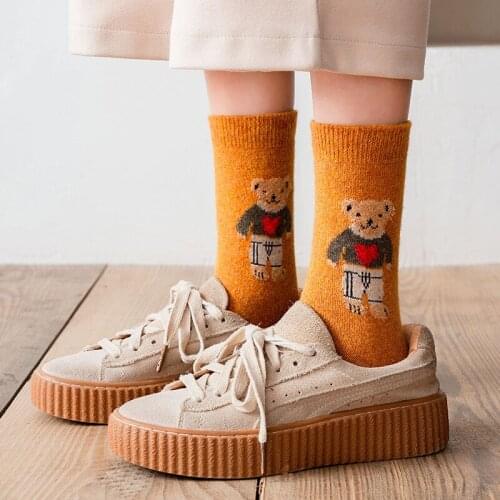Cartoon Bear Socks Women Autumn Winter Thick Warm Wool Socks Korean Cute Kawaii Harajuku Designer Fashion Socks Women