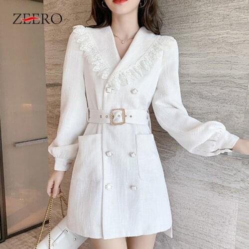 Autumn Winter Women Casual Double-Breasted Long Sleeve Mini Dresses Vintage Lace Edge Lapel with Belts Temperament Ladies Dress