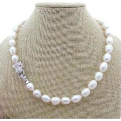 Real Natural breeding freshwater white Baroque 10X12MM SOUTH SEA NATURAL White PEARL NECKLACE Leopard head CLASP18"