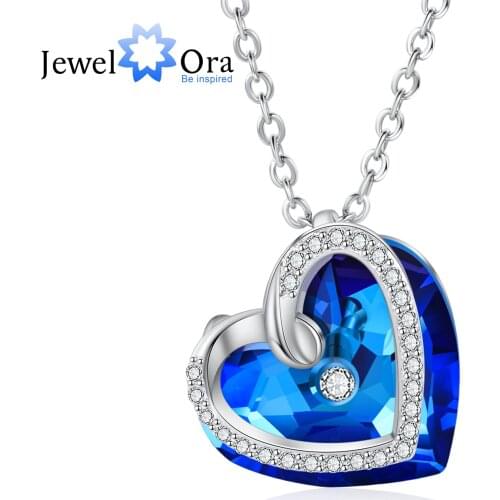 JewelOra Classic Heart Blue Crystal Pendant Necklace Silver Color Zirconia Paved Link Chain Necklaces for Women Accessories