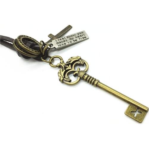 Handmade Casual Vintage Bronze Silver Alloy Key Cross Pendant Men Women Leather Necklace For Female Male Chain Wholesale Jewelry