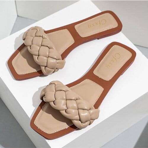 Women Summer Shoes Fashion Slip on Sandals Weave Solid Woman Outdoor Beach Slides Square Toe Leather Flat Sandal Big Size 41 42