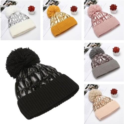 Women winter knitted hat Fur ball warm knitted hat Shiny reflective beanie Outdoor warmth thick knitted hood 2020