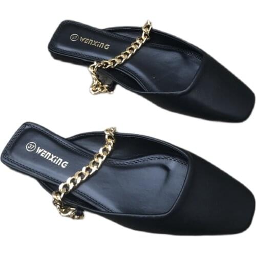 2021 Summer Fashion Square Toe Metalic Chains Womens Slippers British Style Ladies Elegant Flip Flops Slides Mules Flat Shoes