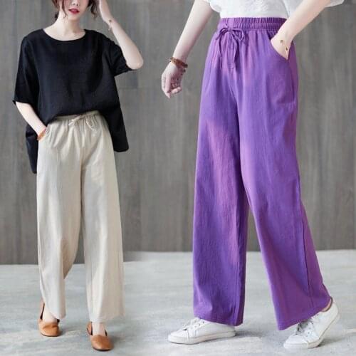 Shimai Vintage Linen Elastic Waist Wide Leg Pants Women Long Trousers Summer Solid Color Casual Loose Pants Female Boho Clothe