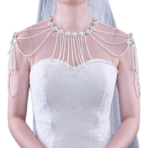 Wedding Faux Pearl Tassels Necklace Crystal Flower Shoulder Chain Bib Shawl Wrap W0YA