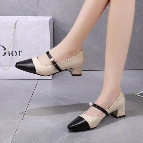 Leather Women Shoes Square Toe Slip-On Casual Shoes Buckle High Heel Fashion Spring and Autumn Pumps Size 34- 39Handmade