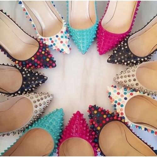 Sexy Full Spikes High Heel Shoes 12cm Stiletto Heels Rivets Wedding Shoes Bride Studded Pointed toe Red Pink White Dress Shoes