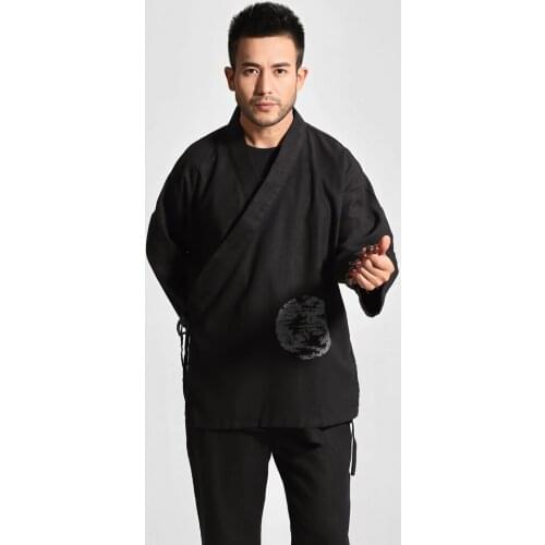 Vintage Navy Blue V-Neck Casual Long Sleeve Jacket Chinese Men Kung Fu Tai Chi Belt Jacket Top Plus Size M L XL XXL XXXL