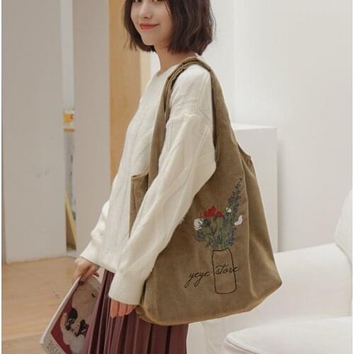 Youda Winter Corduroy Embroidery Shoulder Bags for Women 2021 Art Retro Reusable Tote Shopping Handbags Book Package for Girl