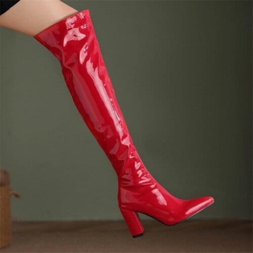 PXELENA Large Size 34-46 Women Over The Knee Boots Patent Leather Party Nightclub Catwalk Show Dance Thigh High Boots Lady Shoes