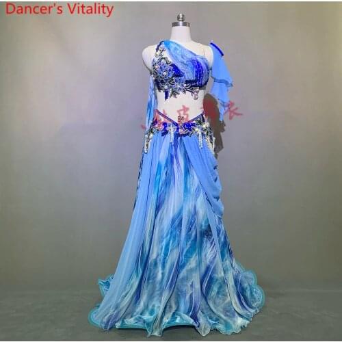 Women Belly Dance Competition Outfits Customized Bead Bra with Robbon Fishbone Hem Skirt Oriental Indian Dancing Performance Set