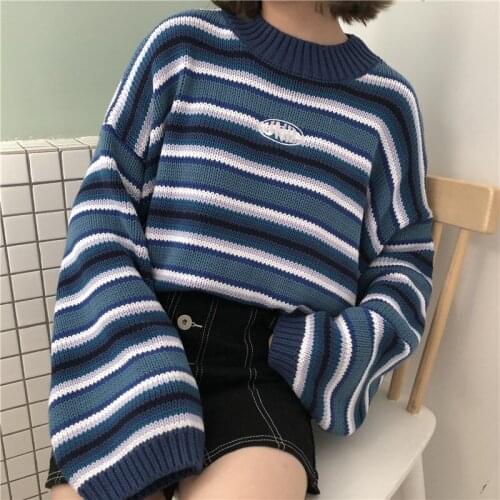 Vintage 90s With Sweaters Women Oversized Harajuku Striped Crew Neck Long Sleeve Pullover High Street Outerwear Sweater Autumn