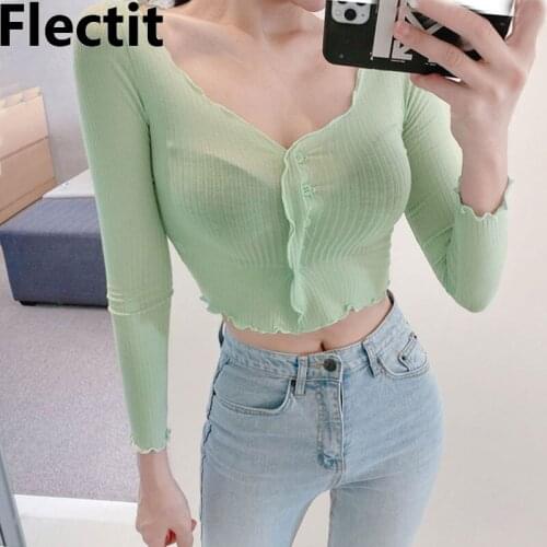 Flectit Womens Crop Cardigan Button Up Sheer Stretch Sweater Slim Fit Ribbed Knitted Top Korean Fashion Alternative Girl Outfit