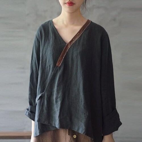 Johnature Embroidery Cotton Linen Autumn Vintage Solid V-neck Cardigan Lace Up Shirt 2019 New Long Sleeve All-match Women Shirt