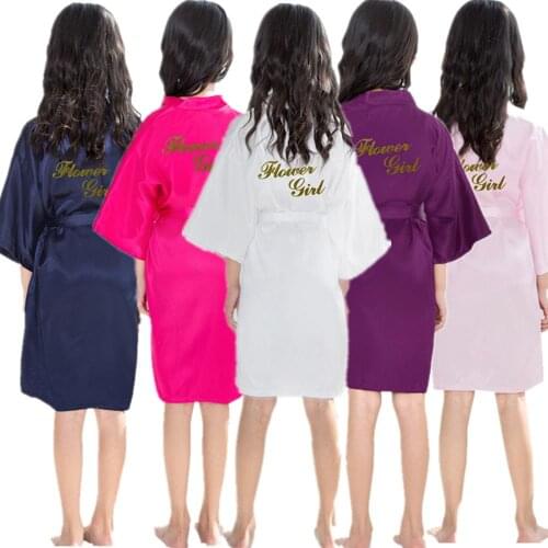 2020 Silk Satin Wedding Bride Golden Flower Girls Robe Solid Bathrobe Short Kimono Robe Night Robe Bath Robe Dressing Gown