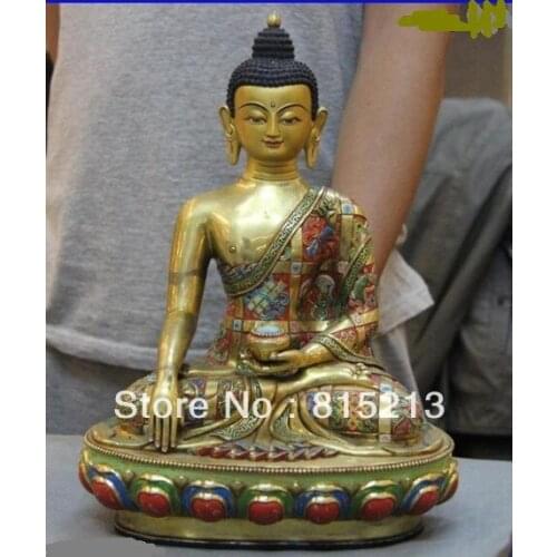 Bi00178 12 Tibet Bronze Copper 24K Gold Gilt Painted 8 treasures Sakyamuni Buddha Statue