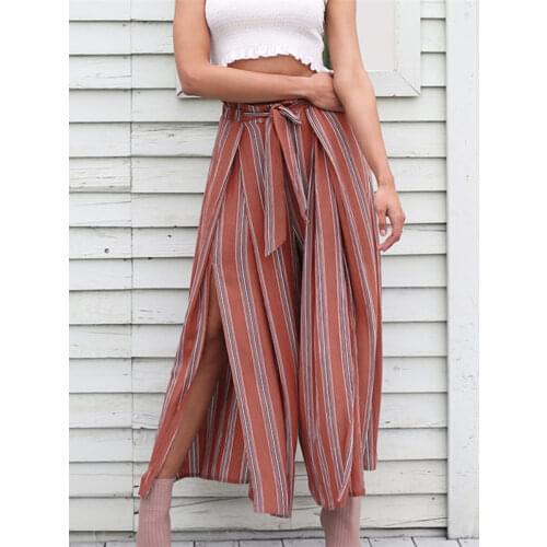 Split Striped Lady Wide Leg Pants Women Summer Beach High Waist Trousers Chic Streetwear Sash Casual Pants Capris Female