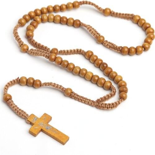 Natural wood beads Christian rosary necklace Catholic hand-woven cross necklace jewelry Jesus religious jewelry wholesale