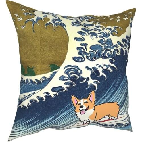 Corgi Fuji On The Sea Wave Pillowcase Home Decor Pet Dog Kawaii Cushions Throw Pillow for Sofa Polyester Double-sided Printing