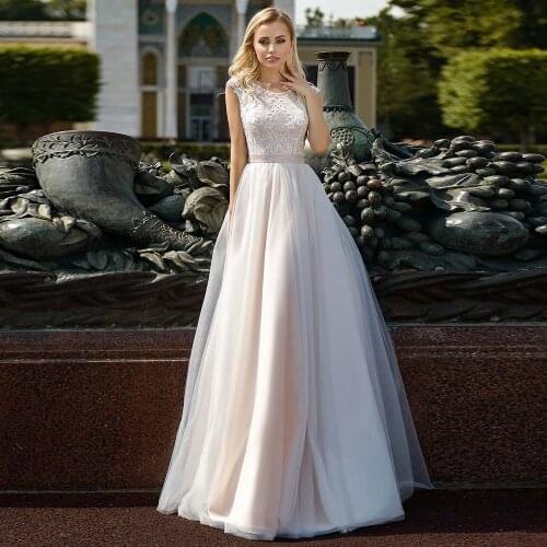 Elegant A-Line Wedding Dresses 2021 O-Neck Cap Sleeve Lace Appliques Button Back Tulle Bridal Gown With Belt Floor Length