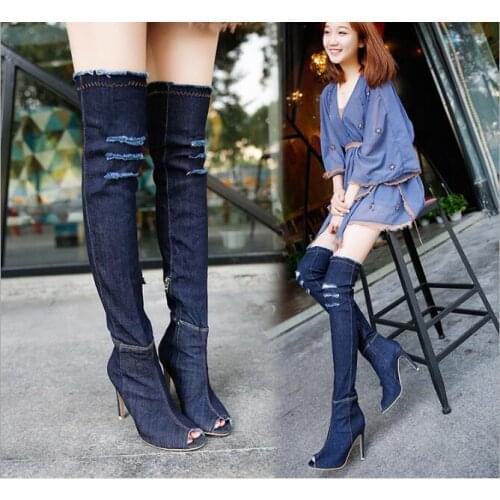 Classic New Fashion Women Hole Denim High Heels Over-the-Knee Boots Spring Summer Sexy Peep Toe Thigh High Boots