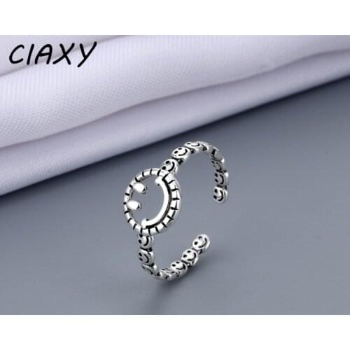 CIAXY 925 Sterling Silver Vintage Happy Smile Face Finger Rings for Women Girl Hollow Out Open Ring Thai Silver Jewelry Gift