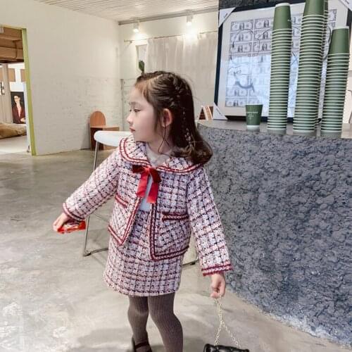 Two Pieces Girls Clothing Sets Winter Plaid Jacket Wool Fur Coat+skirt Girl Skirt Suit Warm Bowtie Winter Dress Set 2-10 Years