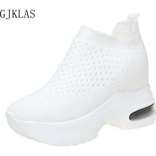 Black White Platform Women Shoes Casual Wedge Sneakers New Hollow Out Elastic Knitting Slip on Shoes for Women Vulcanize Shoes