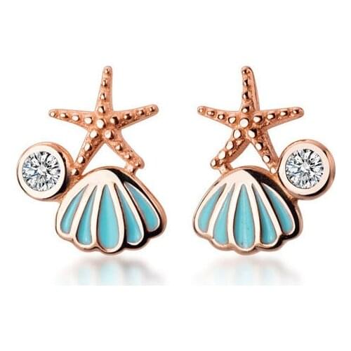 Charm Bride Crystal Small Wedding Earrings Cute Female Starfish Shell Stud Earrings 100% Real Sterling Silver Earrings For Women