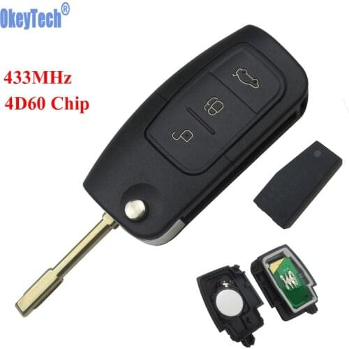 OkeyTech 3 Buttons 433MHz 4D60 Chip Keyless Entry Fob Car Remote Key for FORD Mondeo Focus Fiesta Replacement Remote Key Case