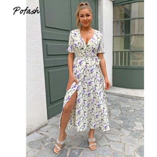 Pofash Floral Print v Neck Summer Dresses For Women Ruffle Puff Sleeves High Split Loose Midi Dress Female Loose Vestidos 2021