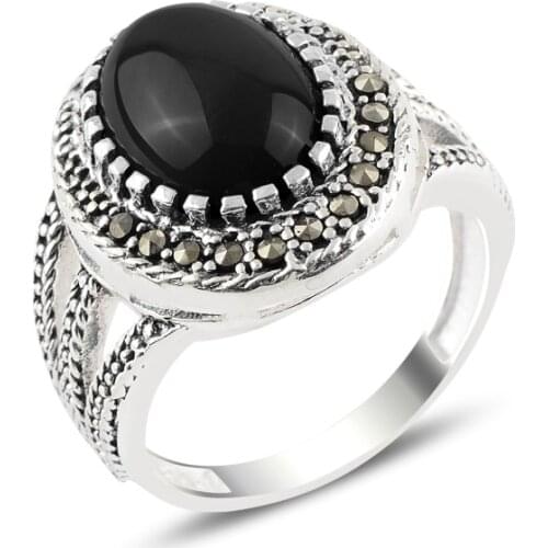 Silver 925 Sterling Onyx & Marcasite Ring