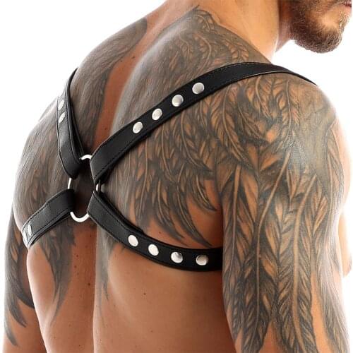 MSemis Sexy Leather Harness Men Bondage Lingerie Adjustable Body Chest Harness Bondage Costume O-Ring Harness with Press Buttons