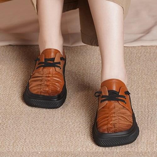 Birkuir Genuine Leather Women Shoes Pleated Handmade Soft Spring Autumn Square Toe Lace Up Loafers Flats Leisure Ladies Shoes