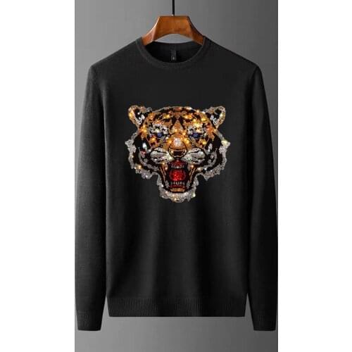 Top Soft Cashmere Rhinestone Brand Mens Winter Sweater Loose Animal Pullover High Quality Classic Black And White