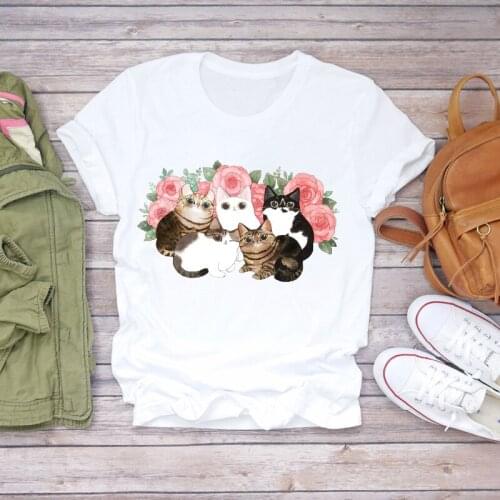 Women Cartoon Cat Flower Cartoon Kawaii 90s Animal Fashion Print Lady T-shirts Top Womens Graphic T Shirt Female Tee T-Shirt