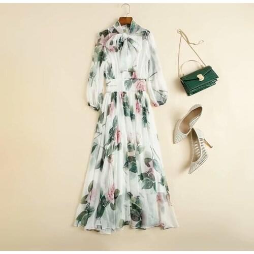 The Europe United and States womens clothing New style for summer 2021 Rose printed Nine-point sleeve bow neck dress