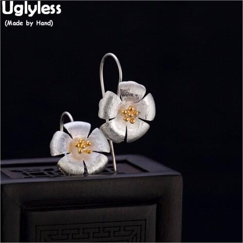 Uglyless 100% Real Solid 925 Sterling Silver Handmade Sakura Earrings Long Ear Line Floral Fine Jewelry for Women Brincos Bijoux