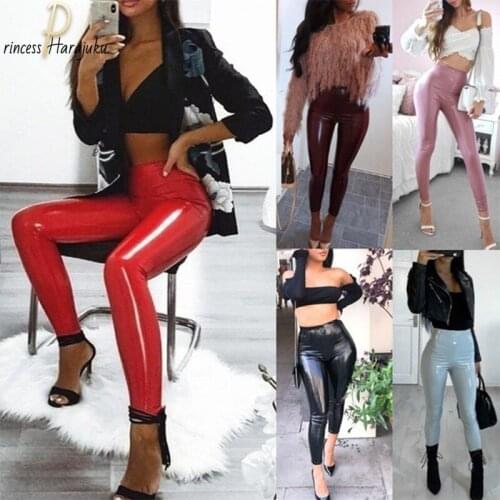 Plus Size Women Leather Legging Pants Skinny Elastic Waist Slim Fitness Ankle Reflective Leather Pants Sexy Leggins Black S-3XL