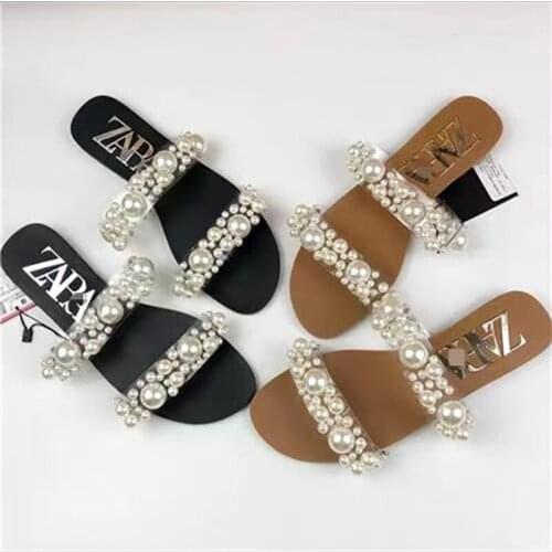 Womens shoes slippers 2021 summer new womens slippers pearl inlaid transparent flat shoes outer wear hot red slippers
