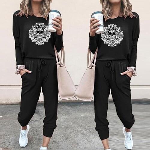 Halloween New Arrival Two Piece Sets Women Solid Autumn Tracksuits High Waist Stretchy Skull Print Tops Casual Outfits