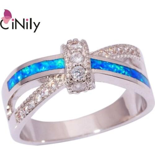CiNily Created Blue Fire Opal Cubic Zirconia Silver Plated Wholesale Wedding Party for Women Jewelry Ring Size 5-12 OJ8637