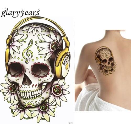 1 PC Fashion Fake DIY Decal Flower Skull Headset Music Note Picture Design HB214 Temporary Tattoo for Women Men Body Art Sticker