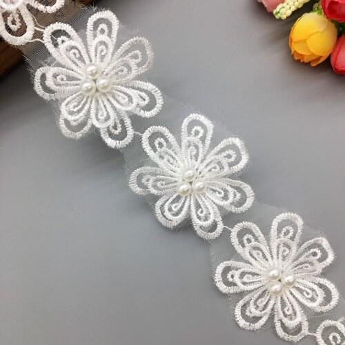 1yard Vintage 2- Layer Flower Pearl Lace Trim Embroidered Wedding Bridal Dress Applique Trimmings Ribbon Sewing Craft Decor