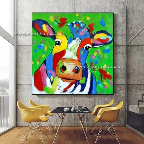 100% Handmade Graffiti Colorful Cute Cow Oil Painting on Canvas Modern Cuadros Wall Art Picture for Kids Living Room Decoration
