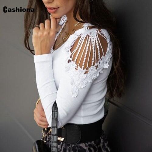 Cashiona White Lace T-shirt Womens Top Spring Autumn Hollow Out Tassel Sleeve Basic Tees Slim Casual Shirt Femme Clothing 2021