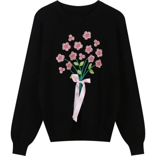 White Sweater Women Black Pullovers Casual Knit Tops Vintage Jumper Jersey Floral Embroidery Fashion Streetwear Japanese Korean