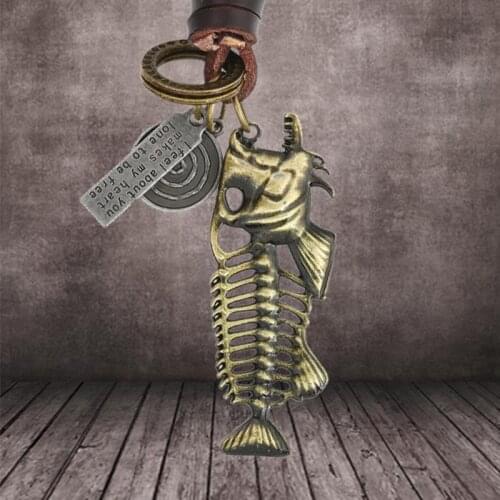 Skeleton Fish Bone Keychain Pendant Punk Leather Weave Skull Fishing Bones Key Ring Men Women Bag Charm Key Chain Gifts